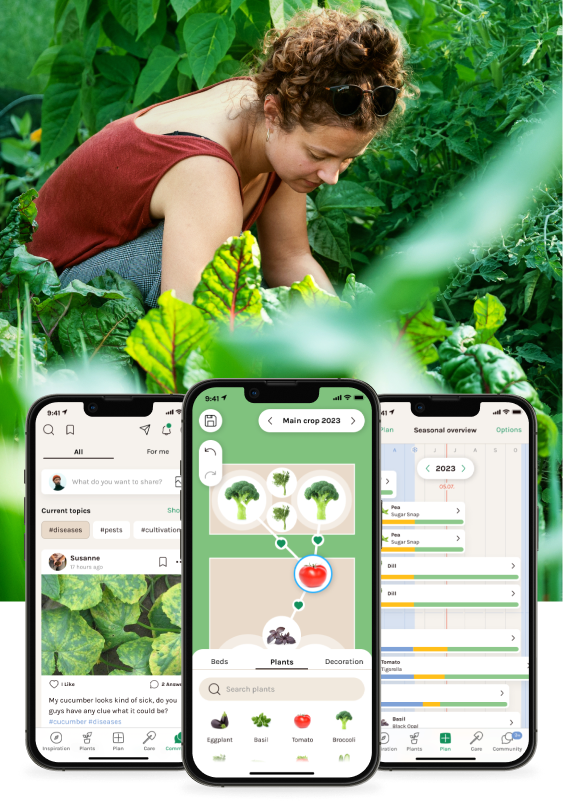 Woman gardening, overlay of Fryd App