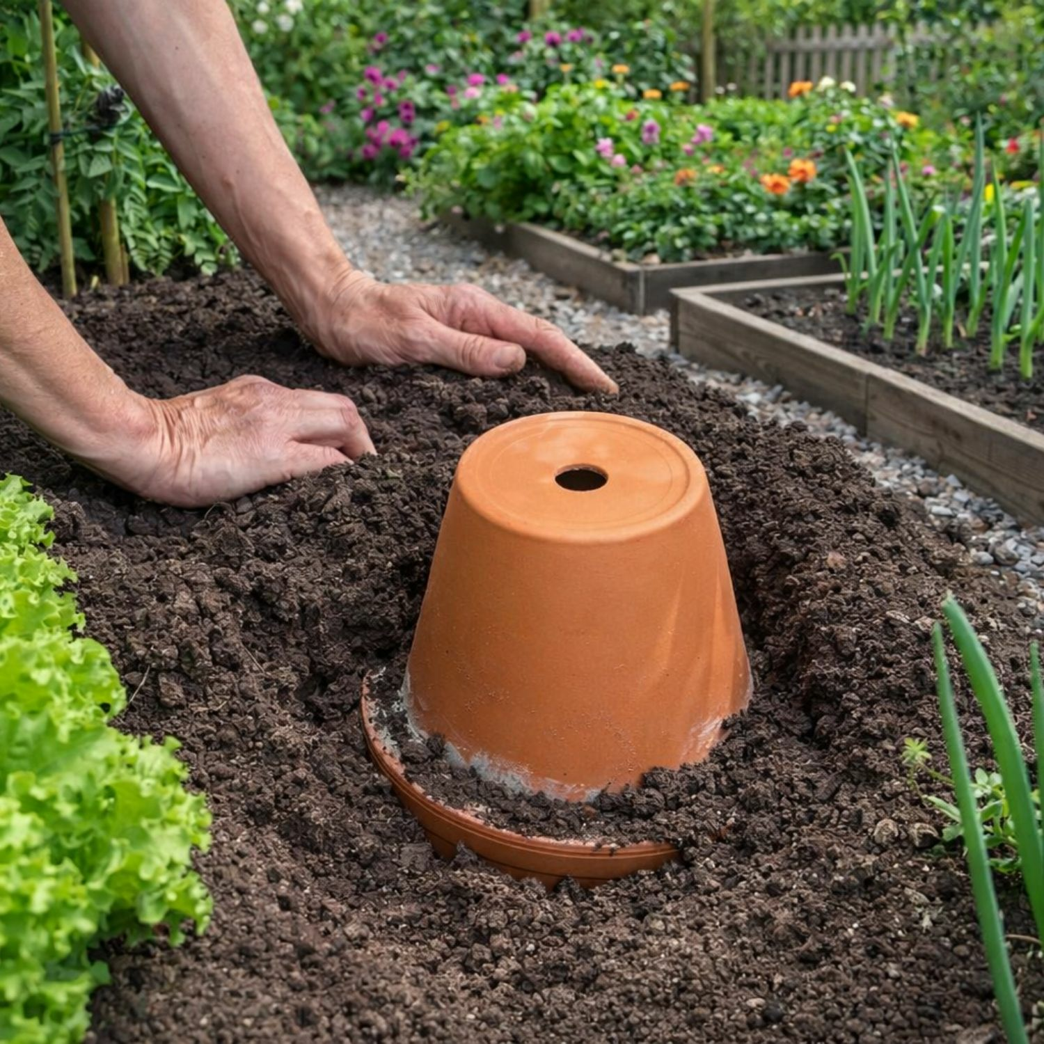 Ollas im Hochbeet als Bewässerung