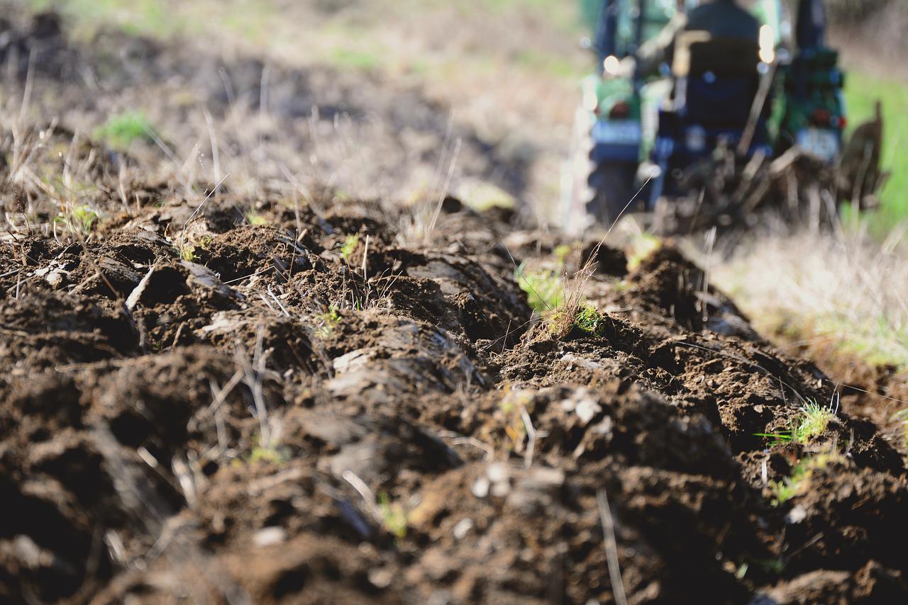 Gepflügtes Feld mit Traktor.