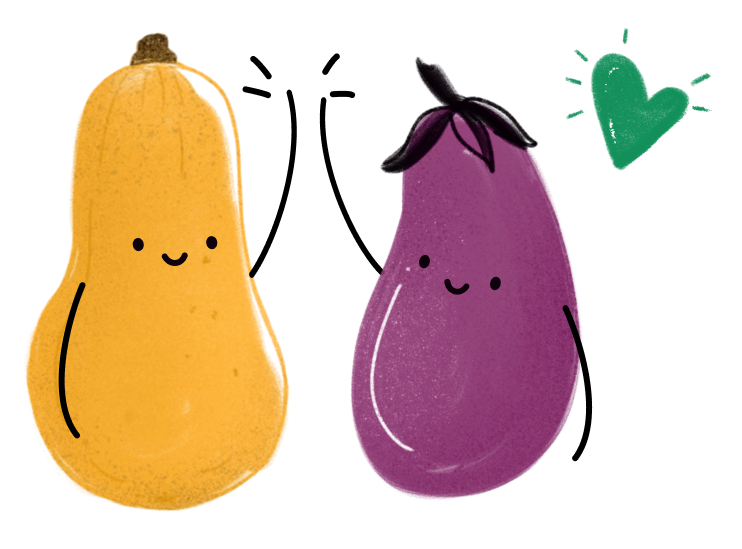 Illustration von Kürbis und Aubergine mit Mischkultur-Verbindungen